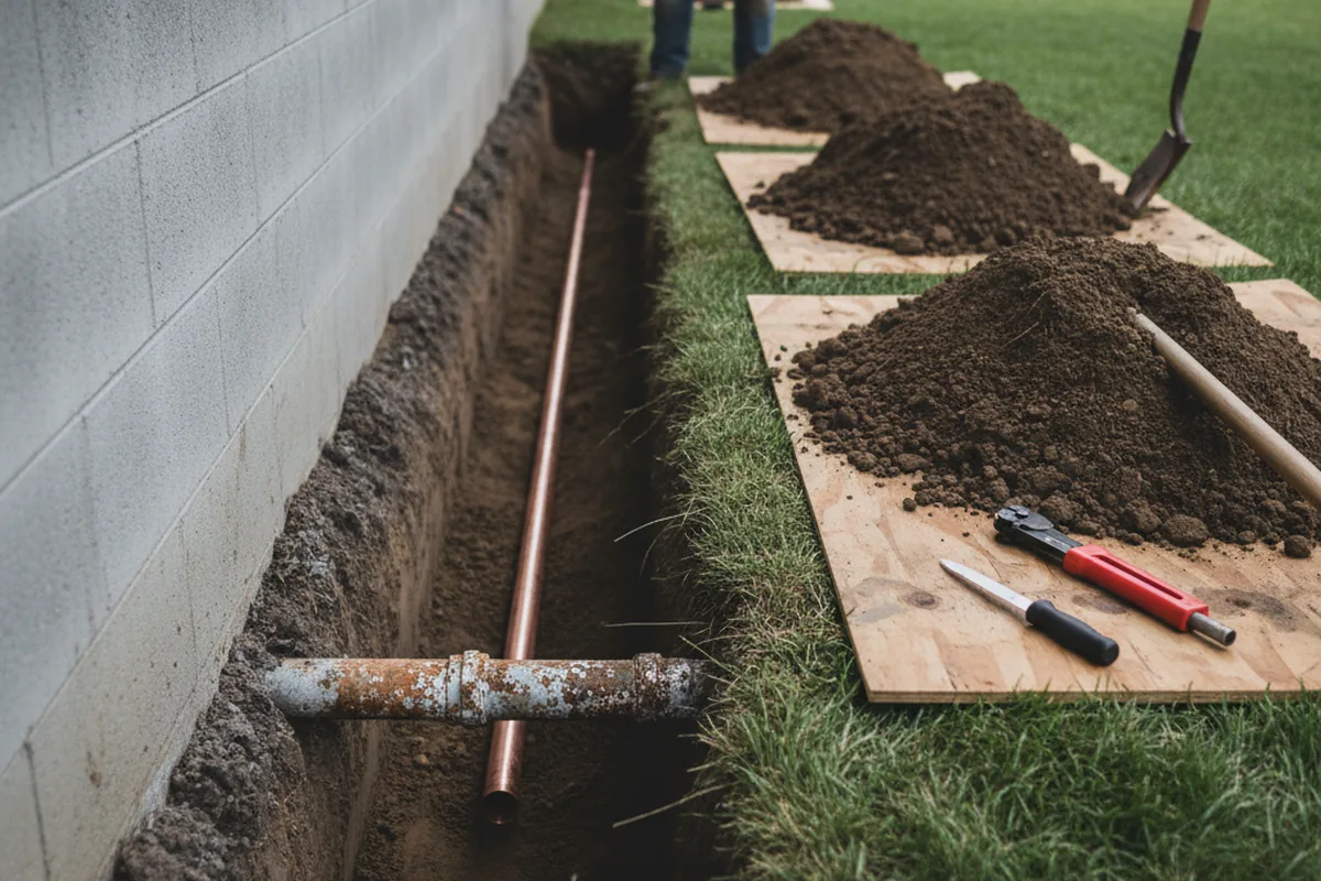 Excavated water line trench during Water Heater Repair in Wattsburg